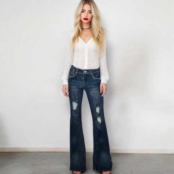 Arden B Y2K 2000’s Distressed Flare Wide Leg Low Rise Denim Jeans Size 6 - Picture 1 of 12